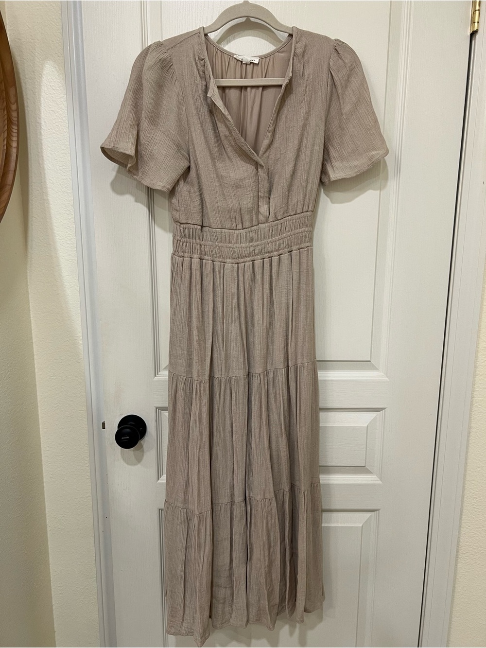 Tiered Maxi Dress in Soft Taupe with Smocked Waist